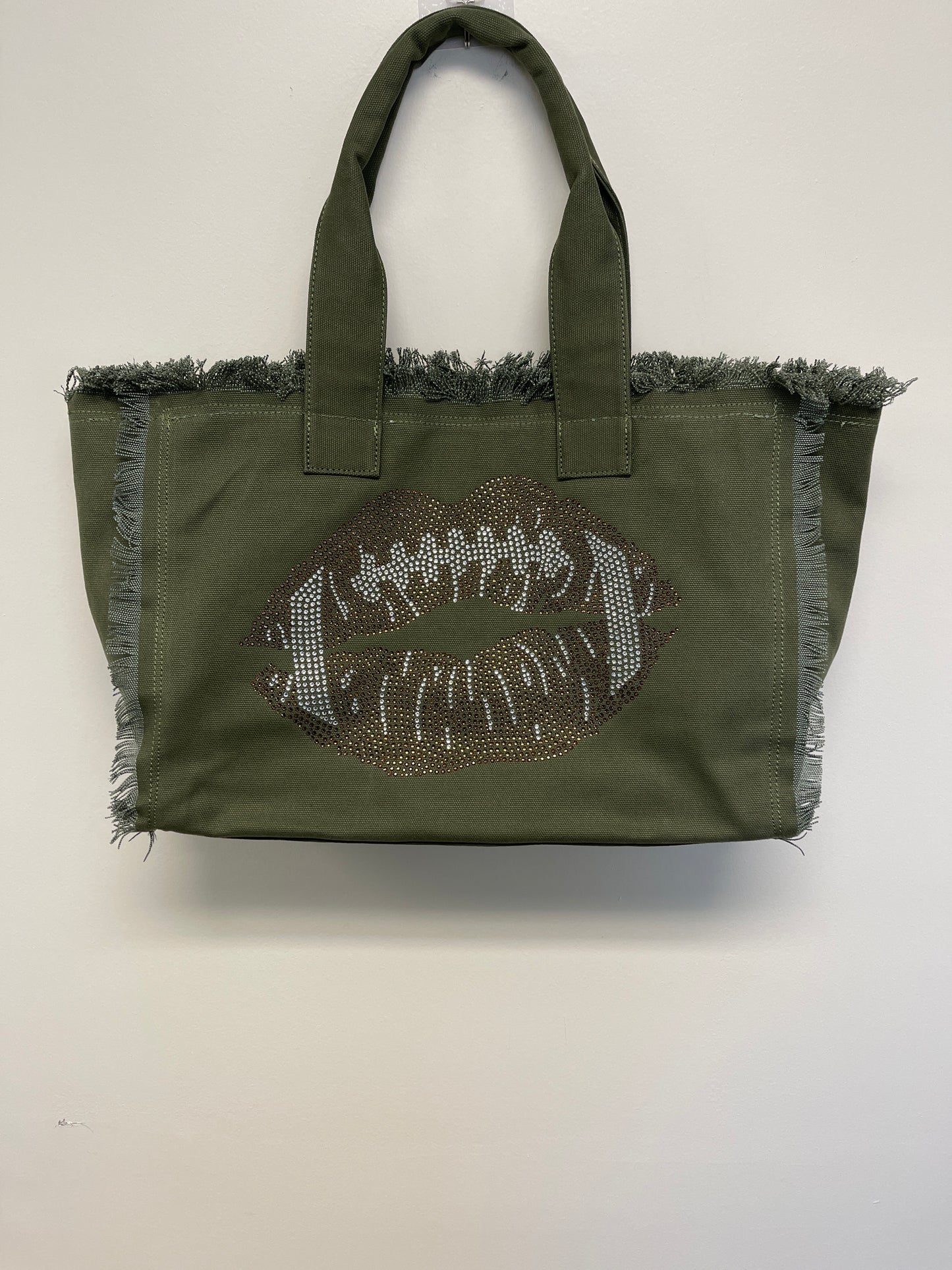 Green Canvas Tote Bag, Football Lips
