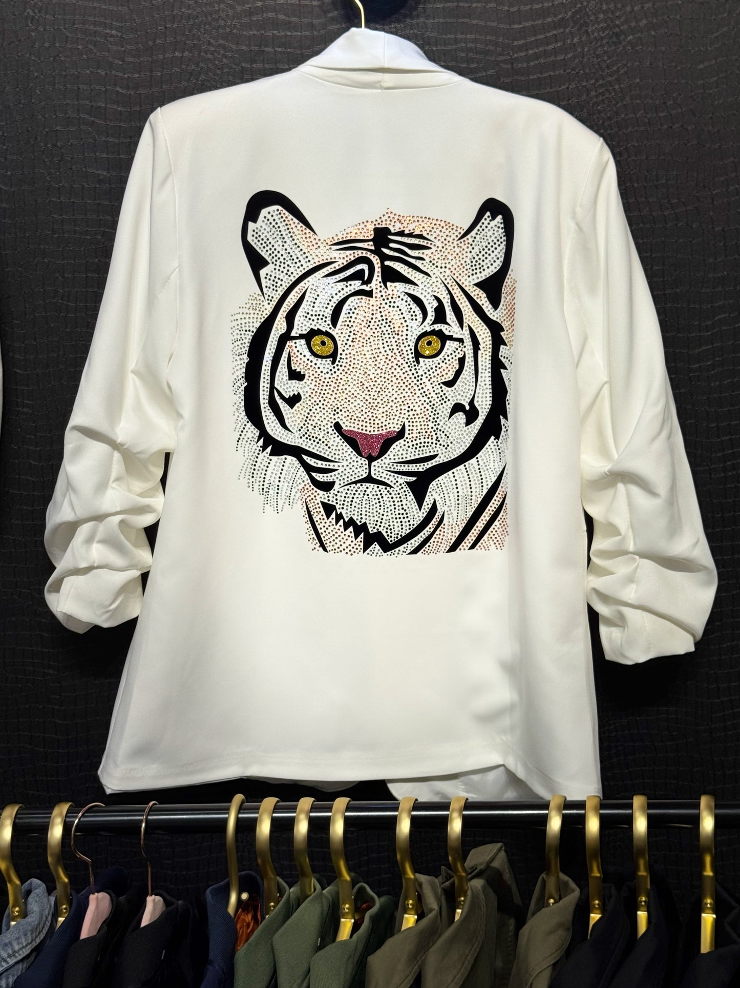 Blazer, Ruched White, Orange Tiger Face