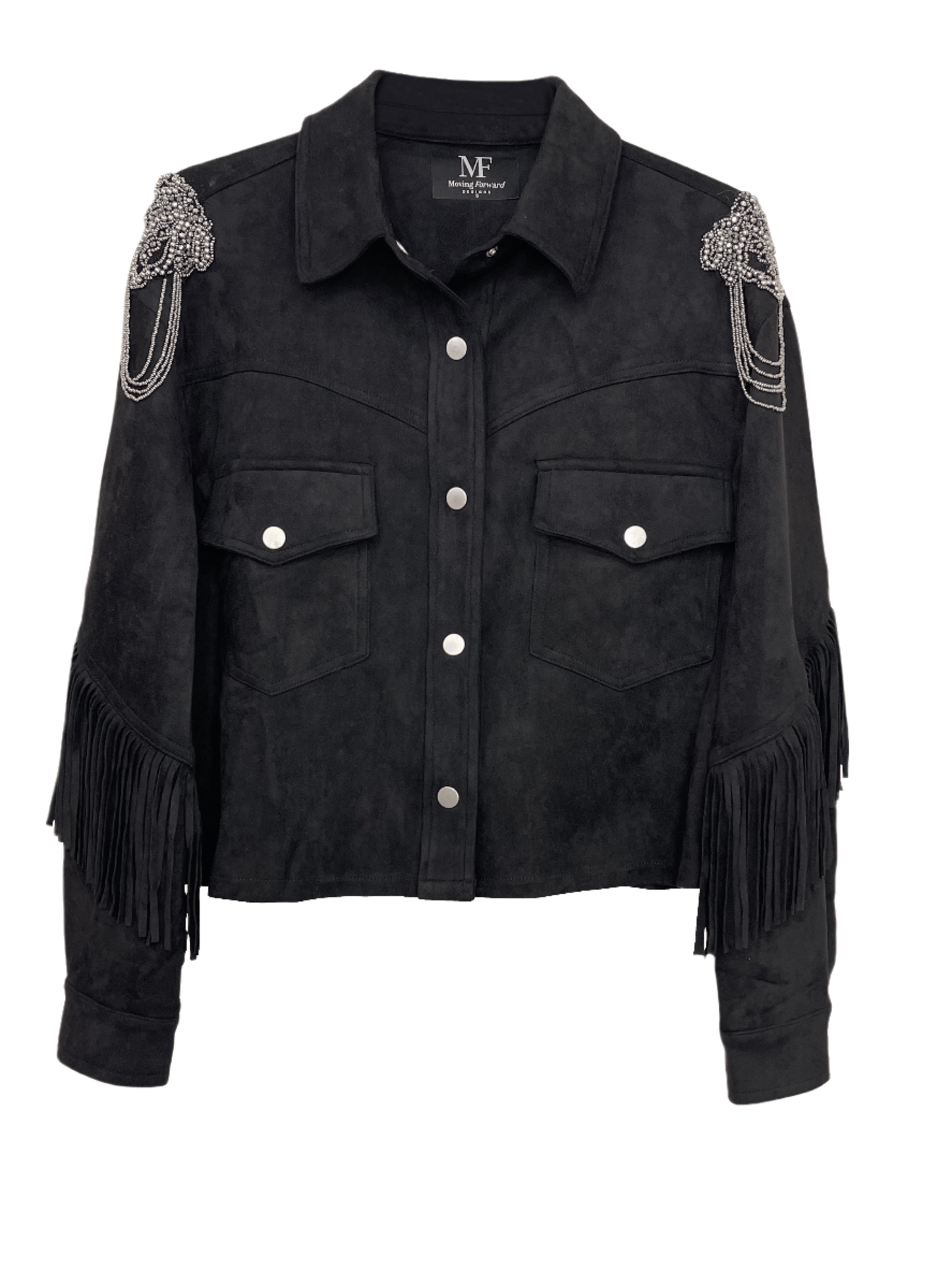 Jacket, Suede Fringe Black, Shoulder Medallions