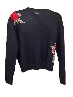 Pink Flowers Black Crewneck Sweater