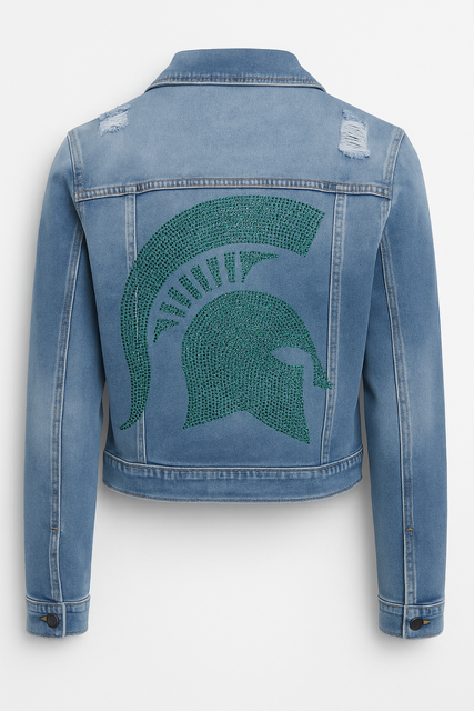 Michigan State Spartan Helmet w/ Script Blue Denim Jacket