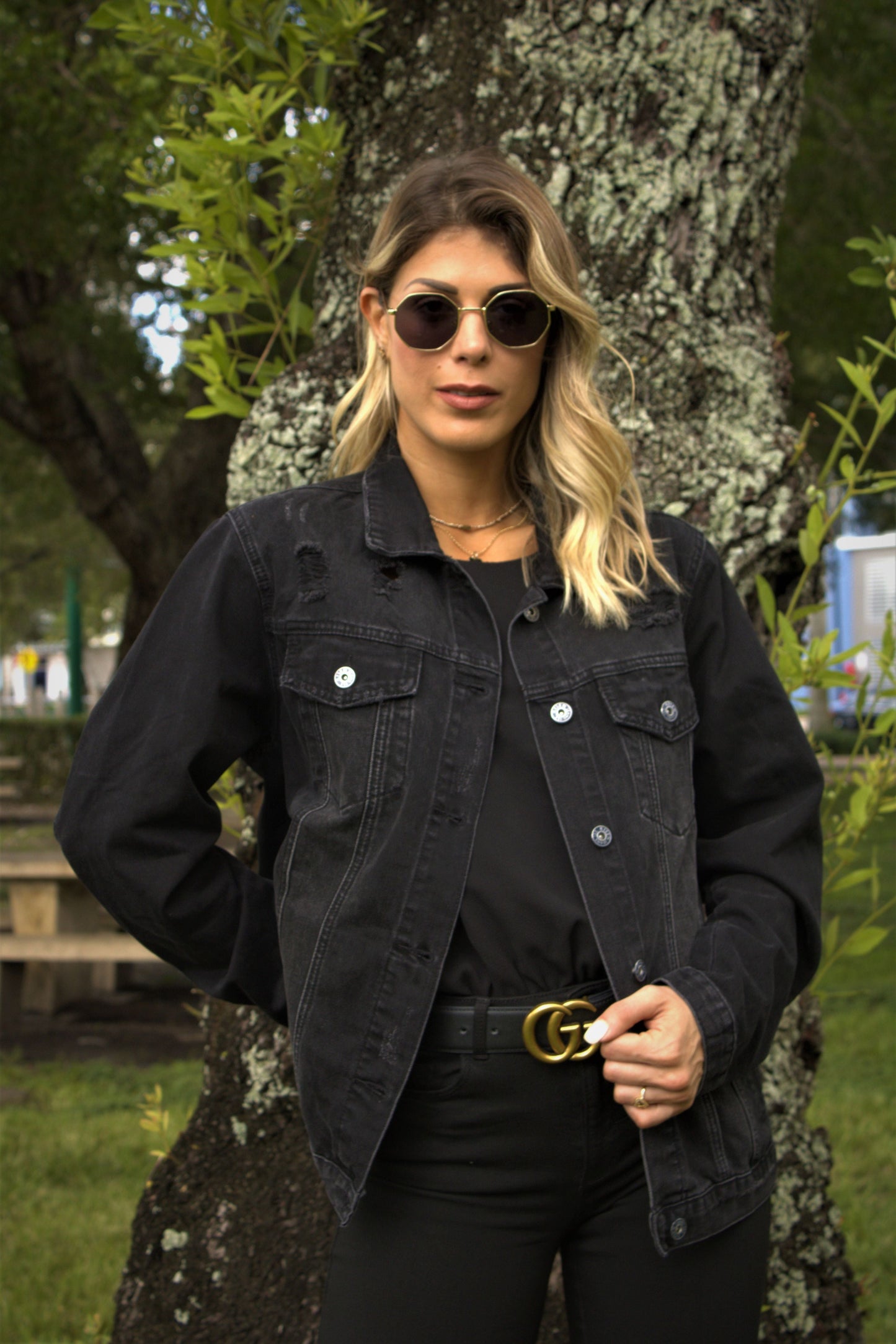 Jacket, Black Denim, Colorful Hamsa