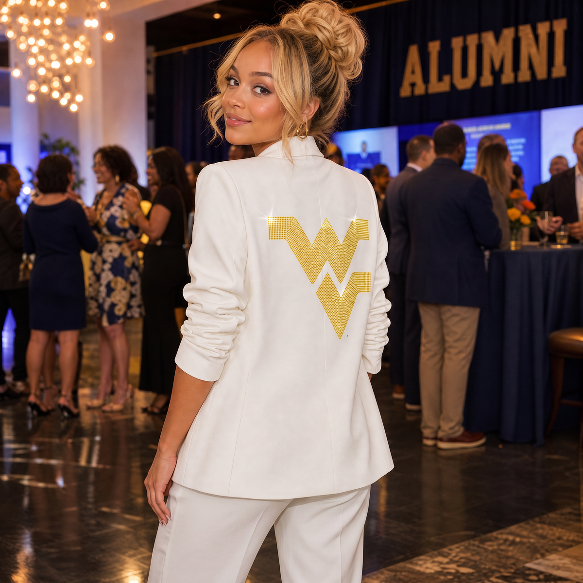 West Virginia Gold WVU White Ruched Sleeve Blazer