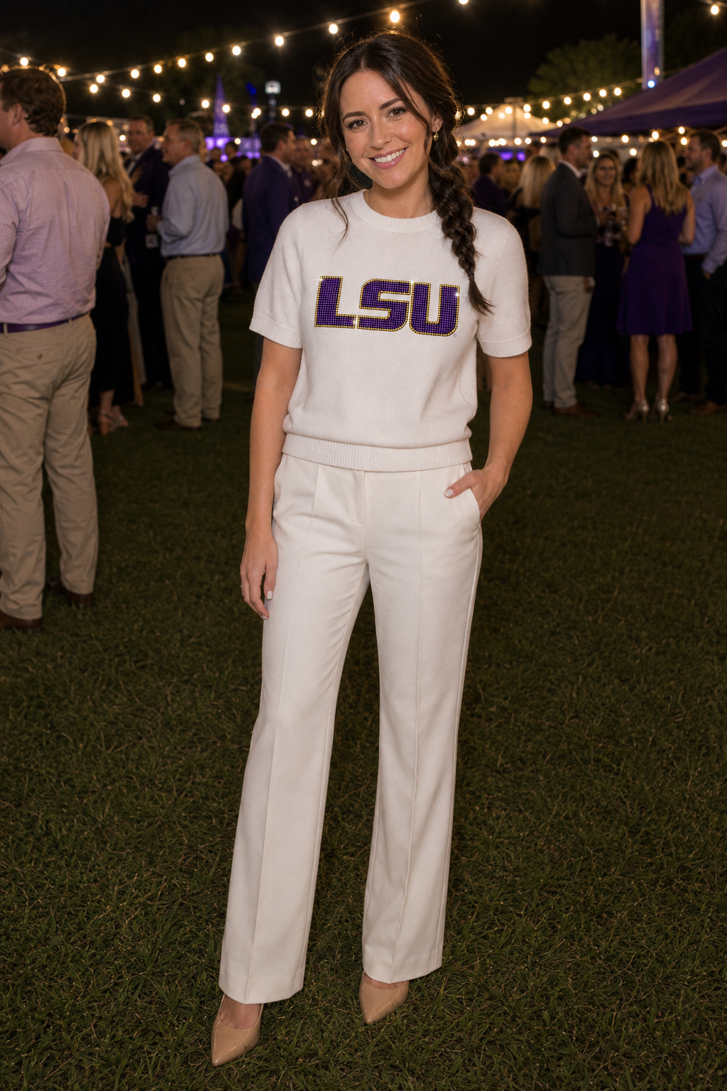 Louisiana State University Crystal Block Letters Ivory Crewneck Short Sleeve Sweater