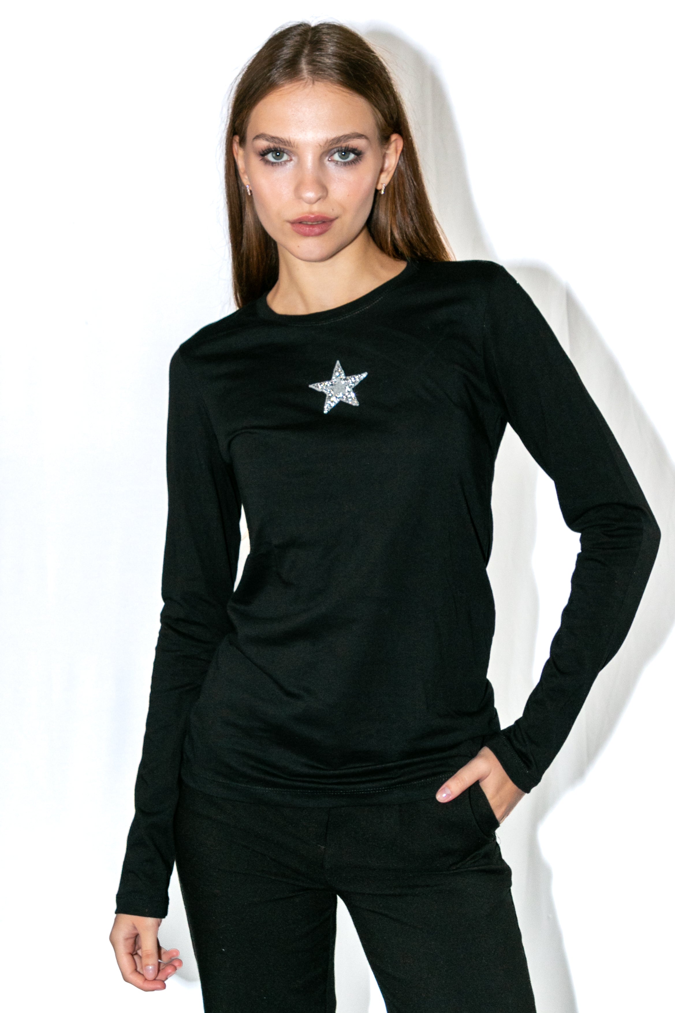 Small Silver Star Long Sleeve Black T-Shirt