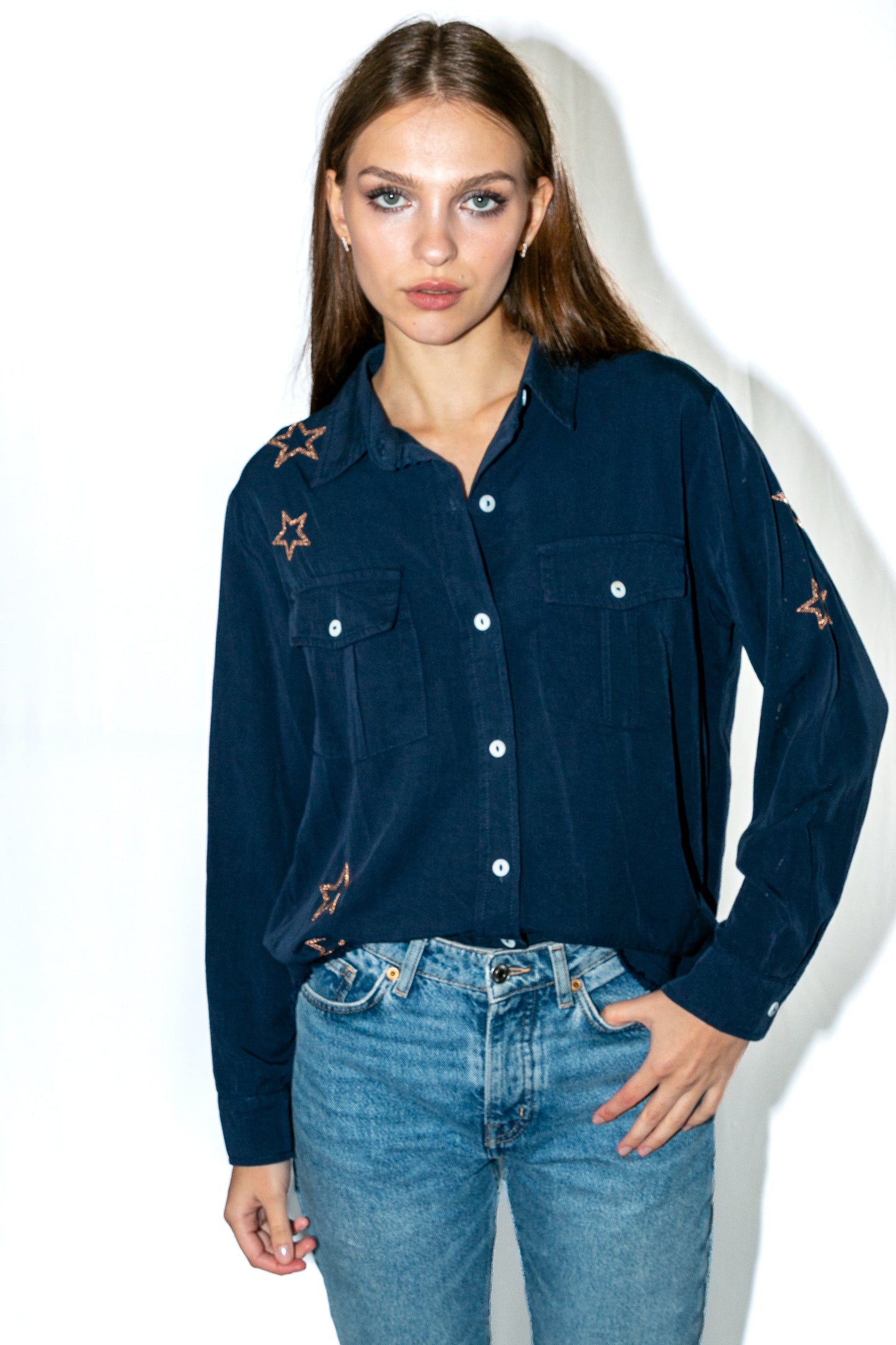 Shirt, Embroidered Star Navy, Peace Sign