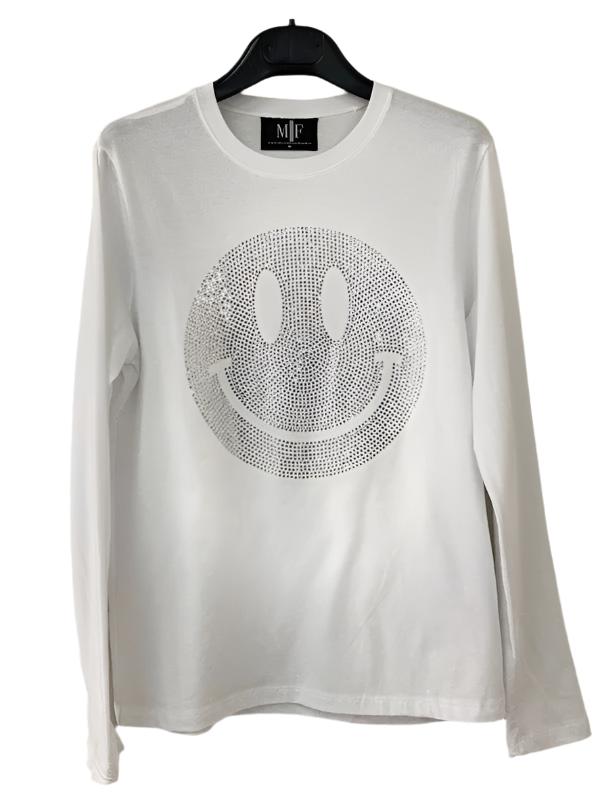 Silver Crystal Smiley White Long Sleeve T-Shirt