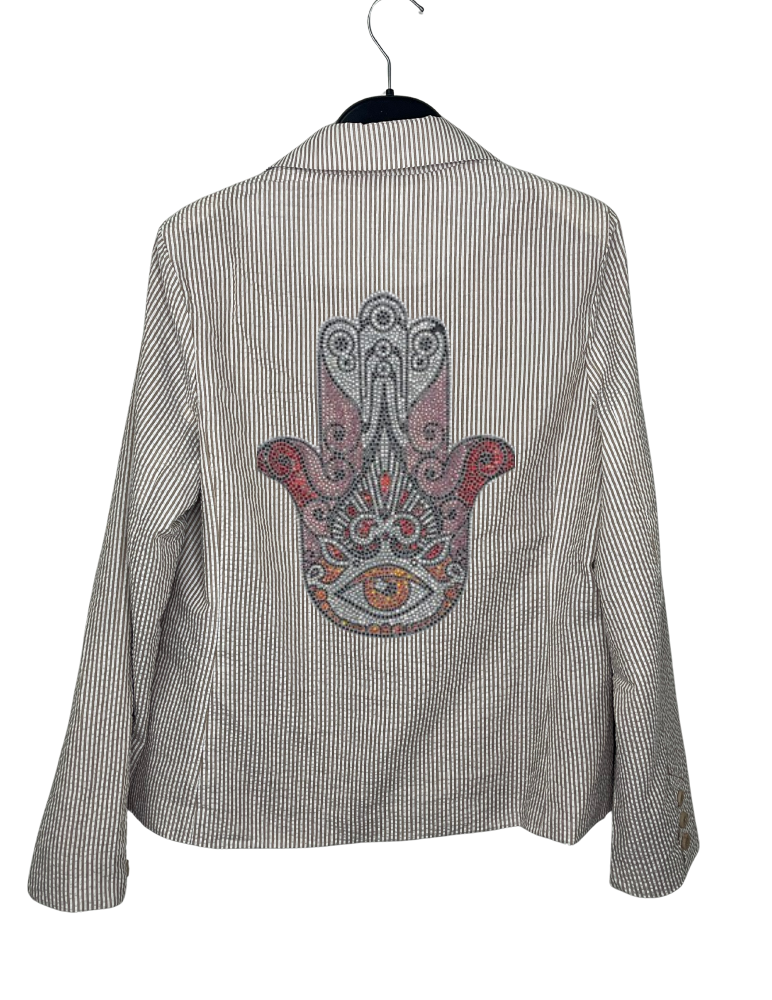 Pink Hamsa on Tan Seersucker Blazer