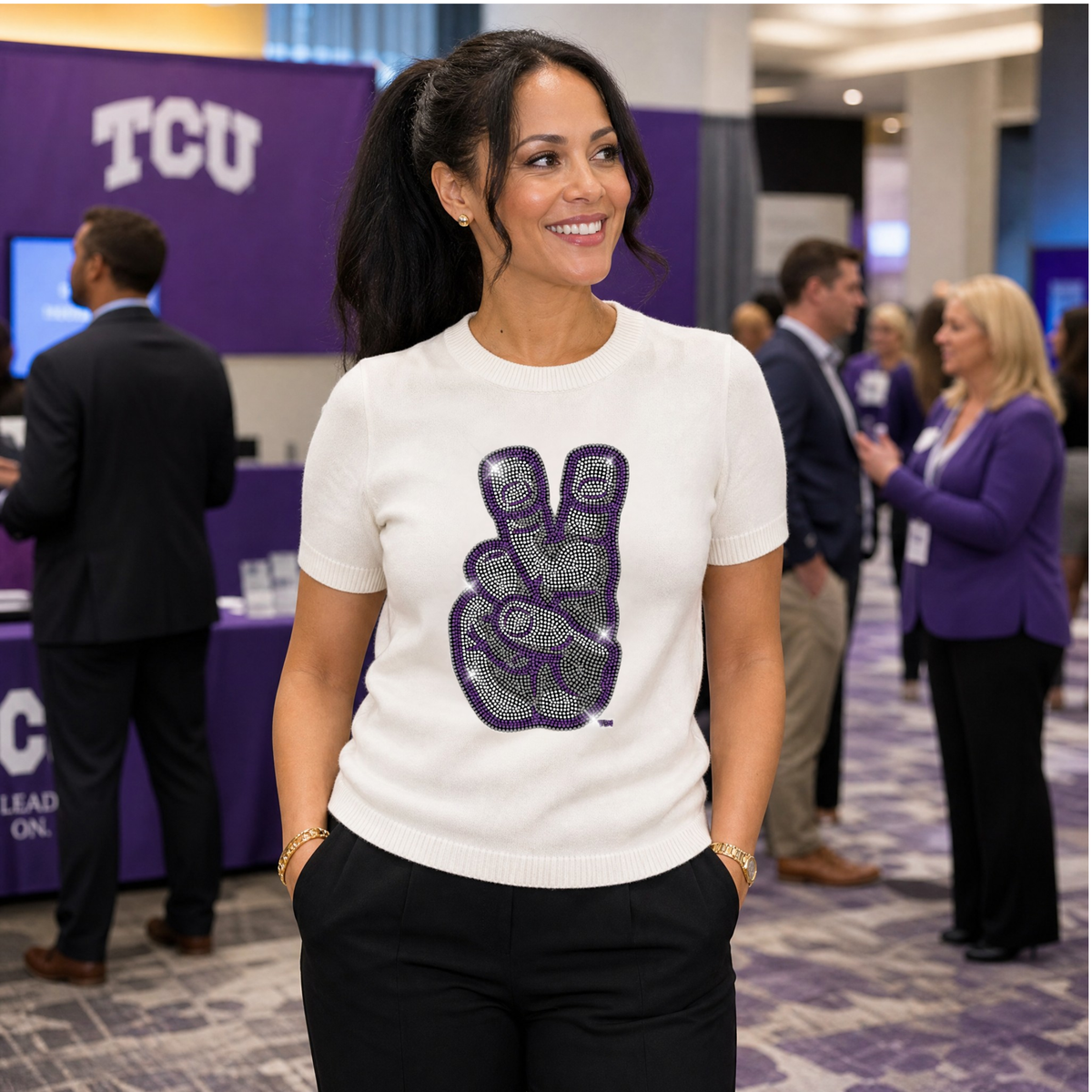 TCU Frog Horns Hand Sign Logo Ivory Short Sleeve Sweater