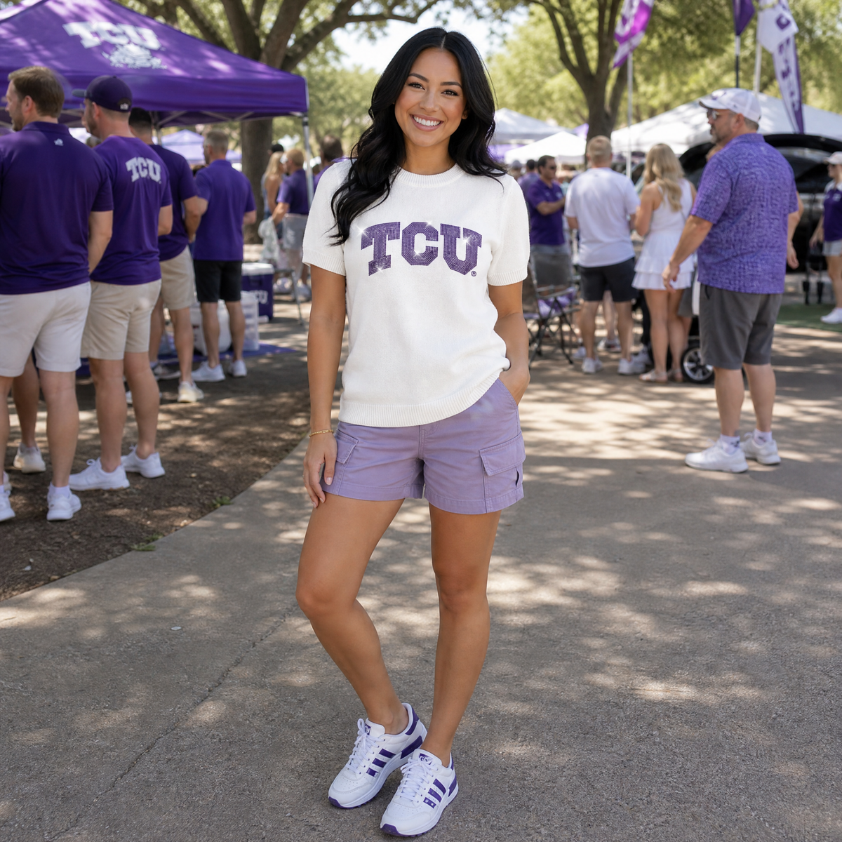 TCU Crystal Block Letters Ivory Short Sleeve Sweater