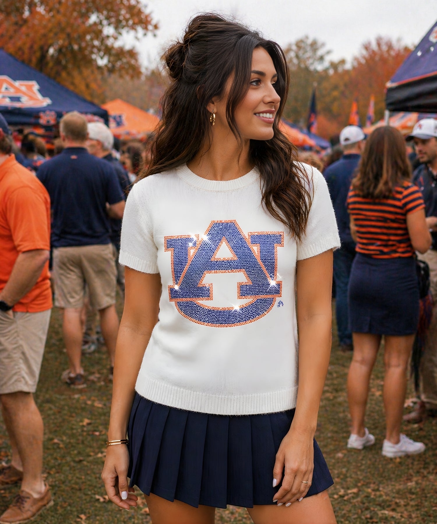 Auburn University Navy AU Ivory Short Sleeve Crewneck Sweater