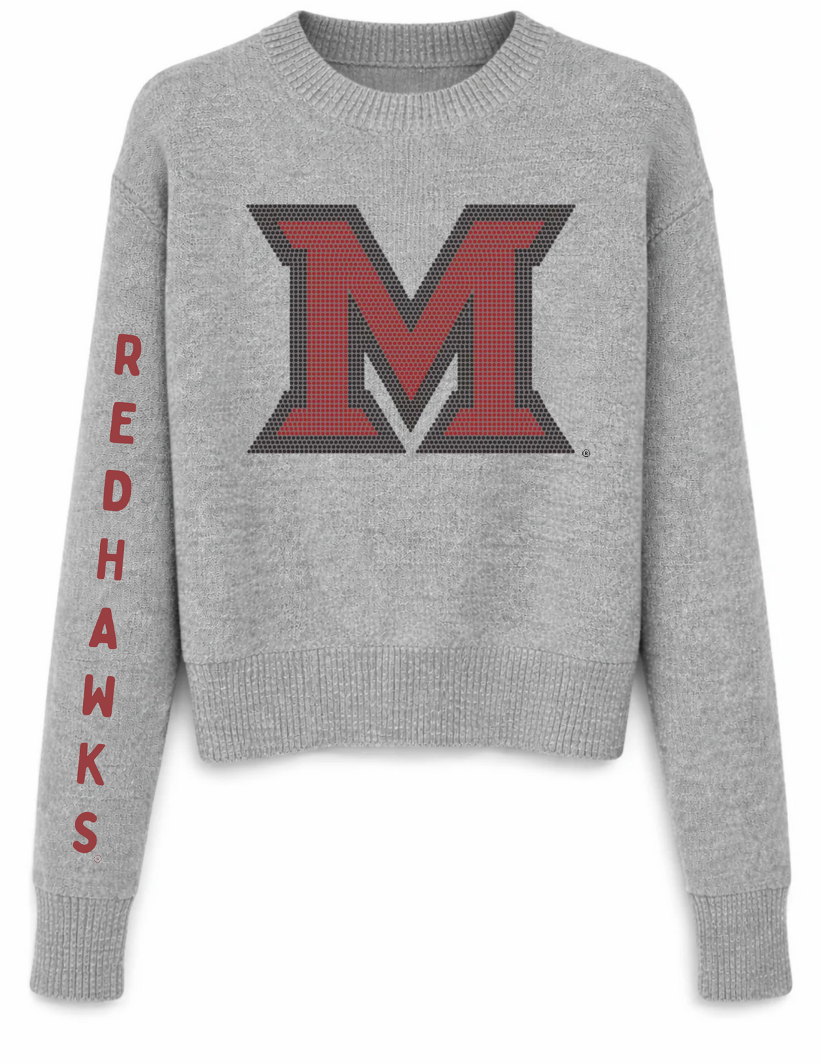 Miami of Ohio Beveled-M RedHawks Gray Crewneck Long Sleeve Sweater