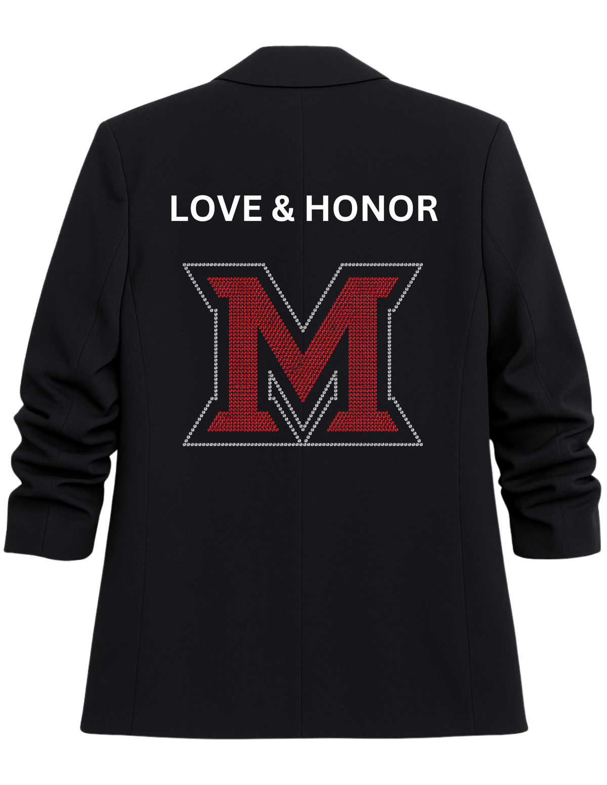 Miami of Ohio Love & Honor Beveled-M Black Ruched Sleeve Blazer, view 2