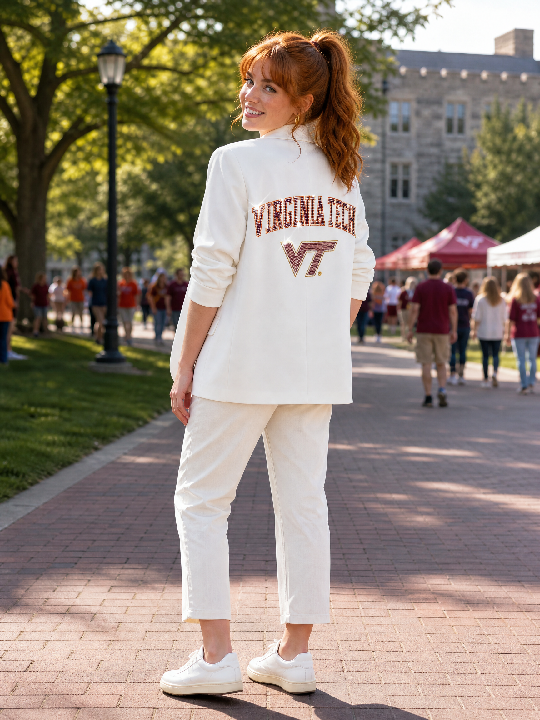 Virginia Tech Script w/ Large VT White Blazer w/ Ruched Sleeve