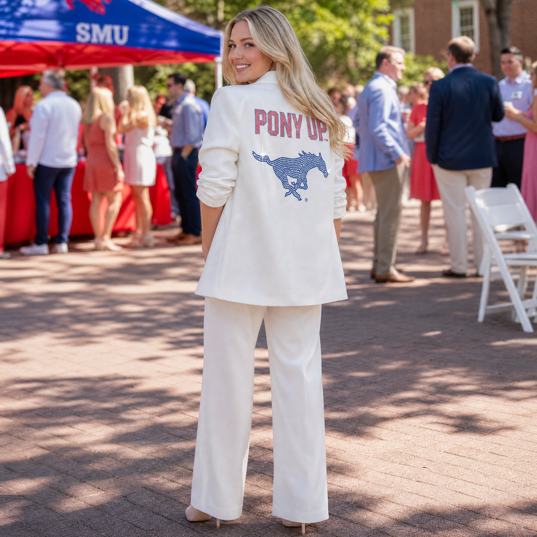SMU Pony Up Mustang White Ruched Sleeve Blazer