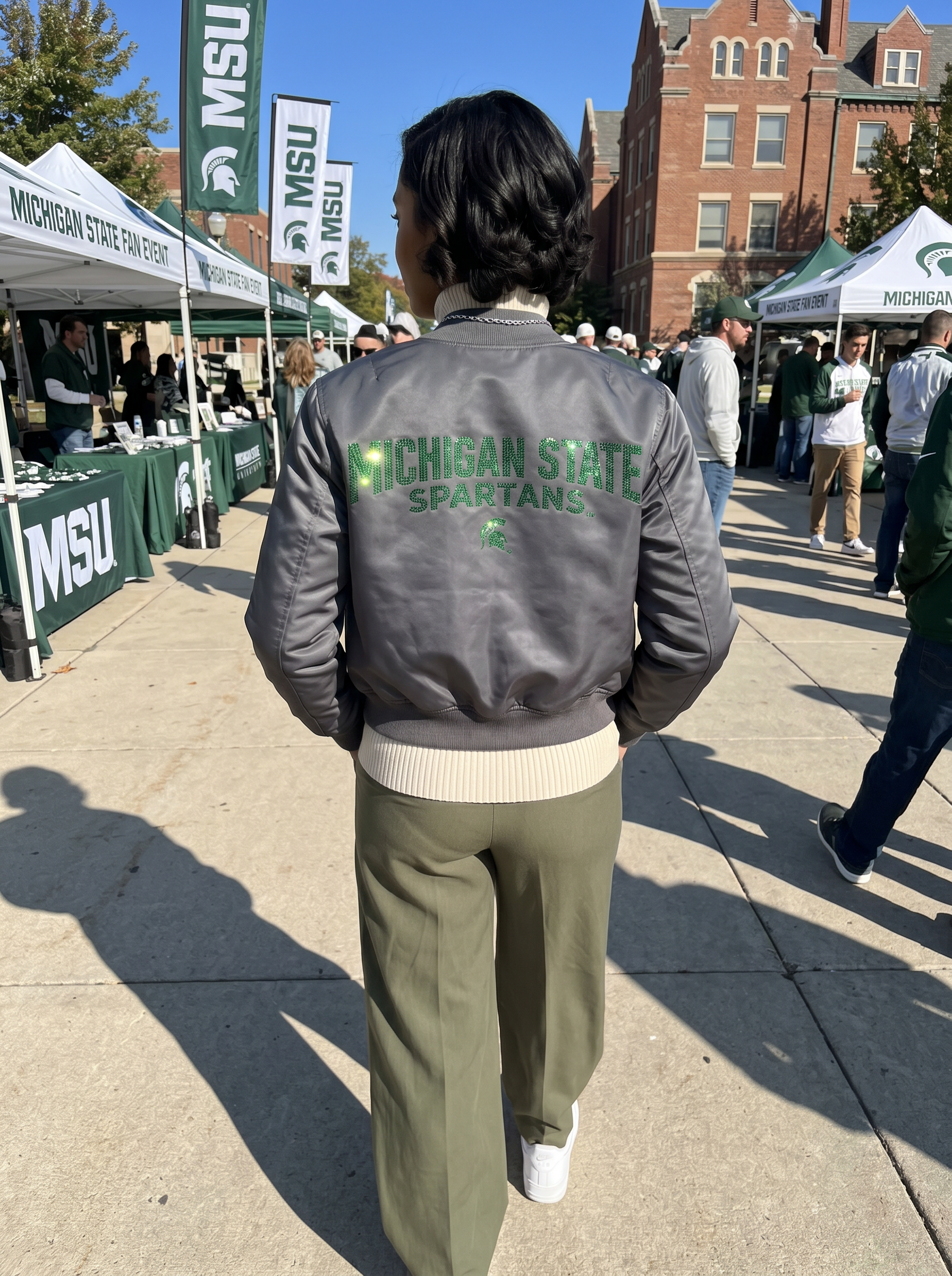Michigan State Spartans Script, Small Helmet Grey Bomber Jacket