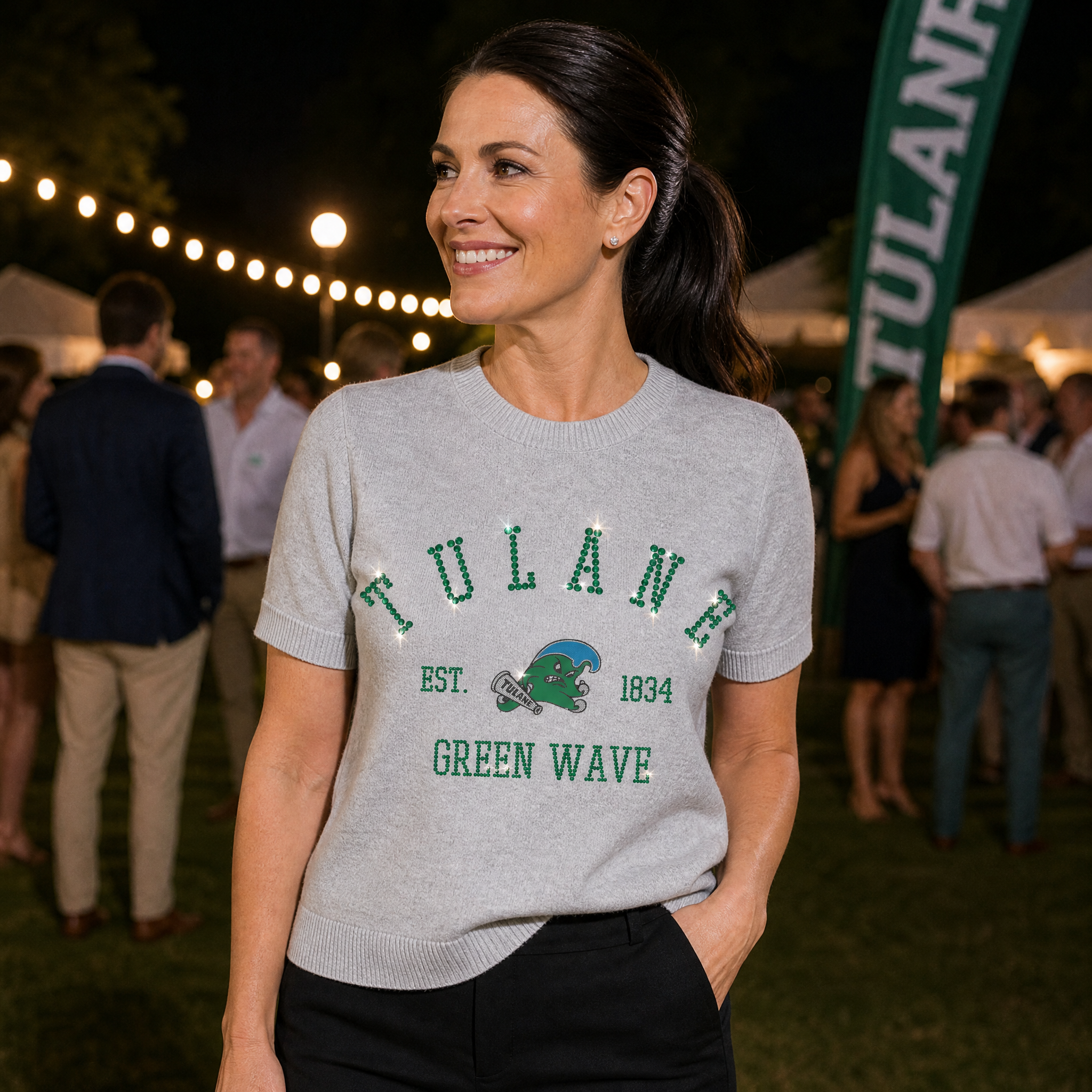 Tulane Vintage Green Wave EST 1834 Grey Crewneck Short Sleeve Sweater