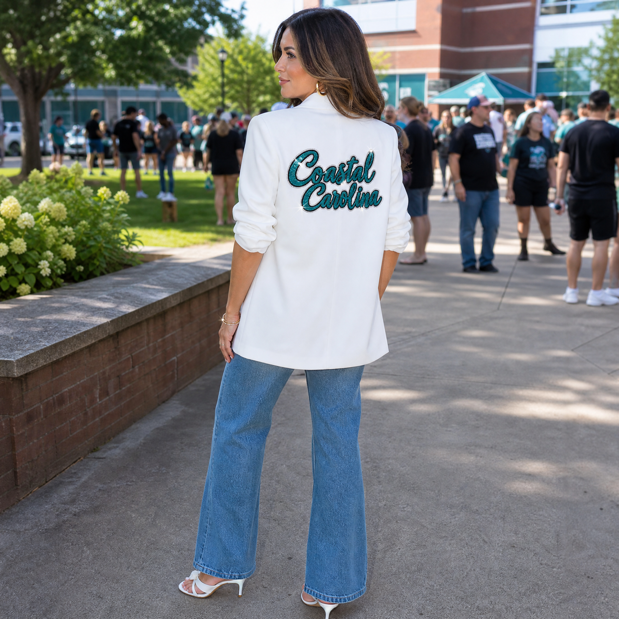Coastal Carolina Script White Ruched Sleeve Blazer
