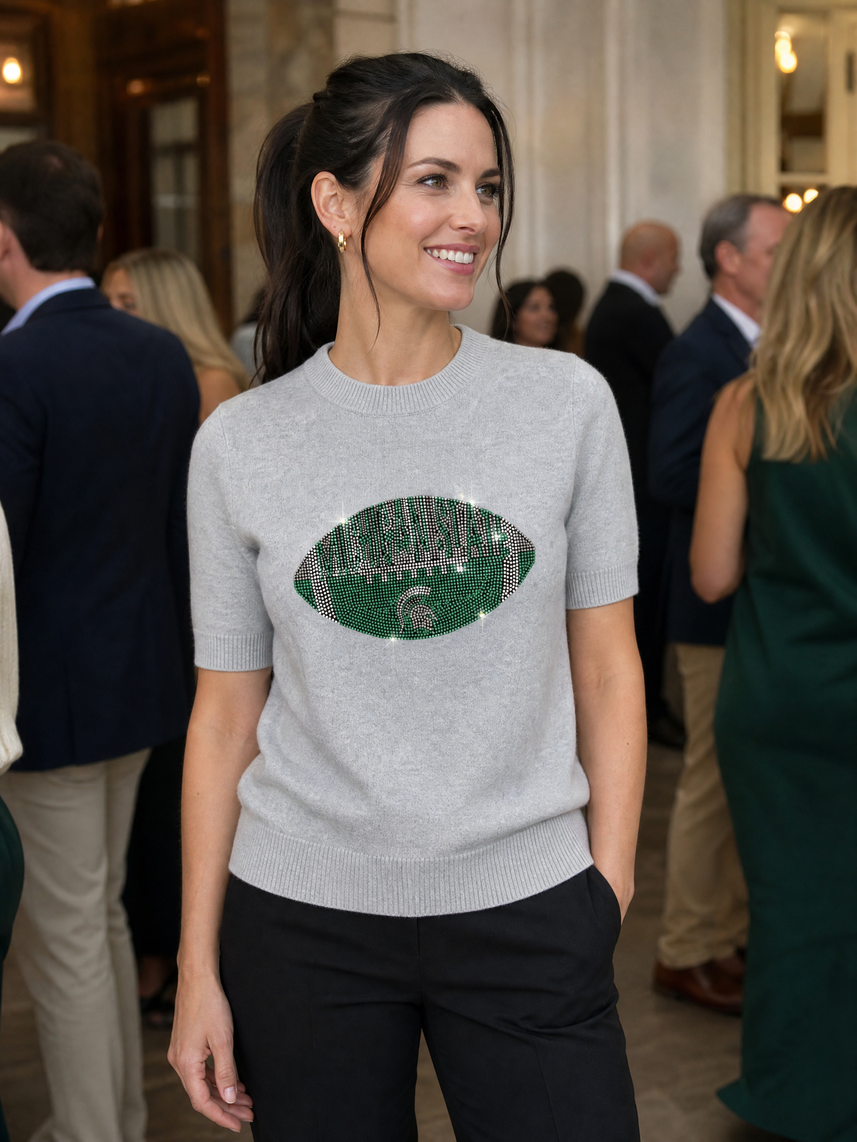 Michigan State Football Grey Crewneck Short Sleeve Sweater