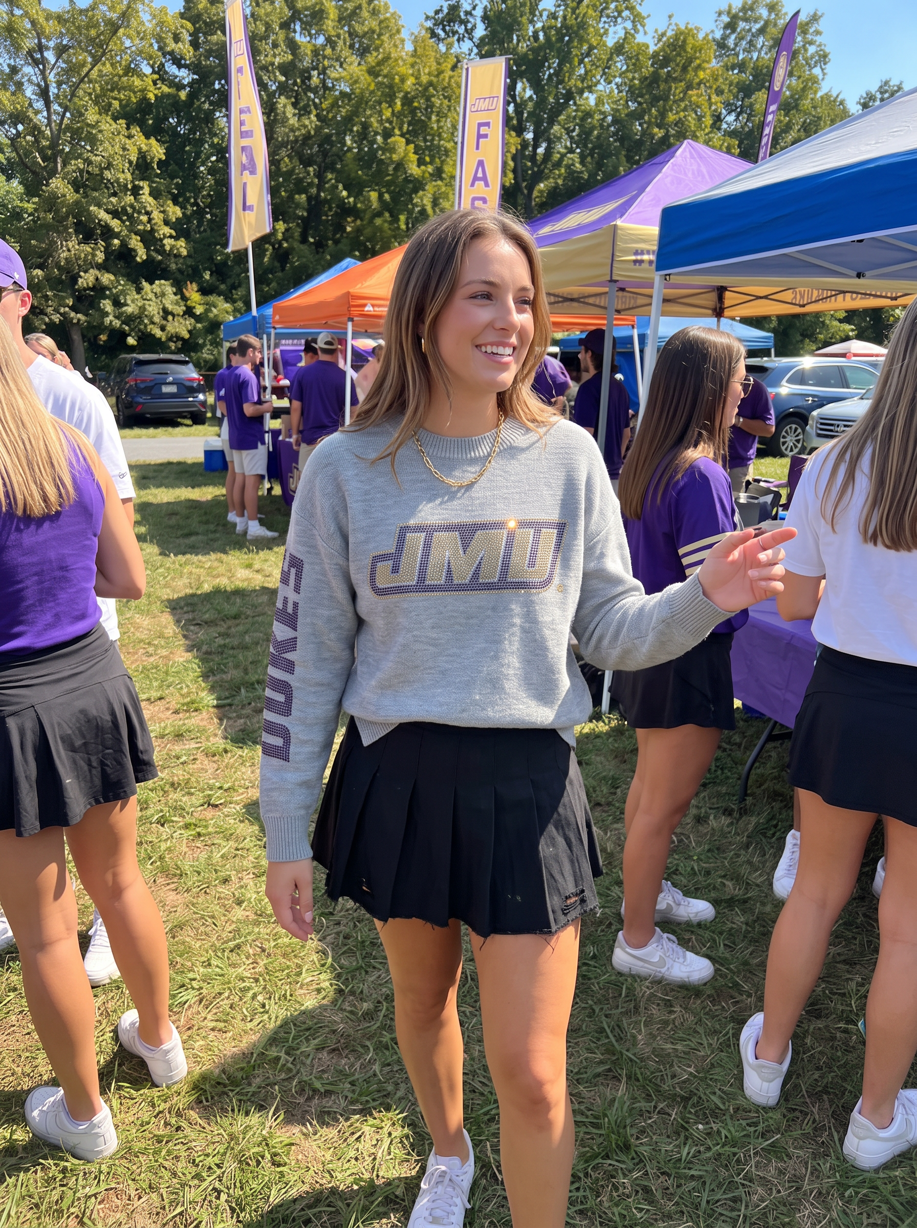 James Madison Logo and Dukes Gray Crewneck Sweater