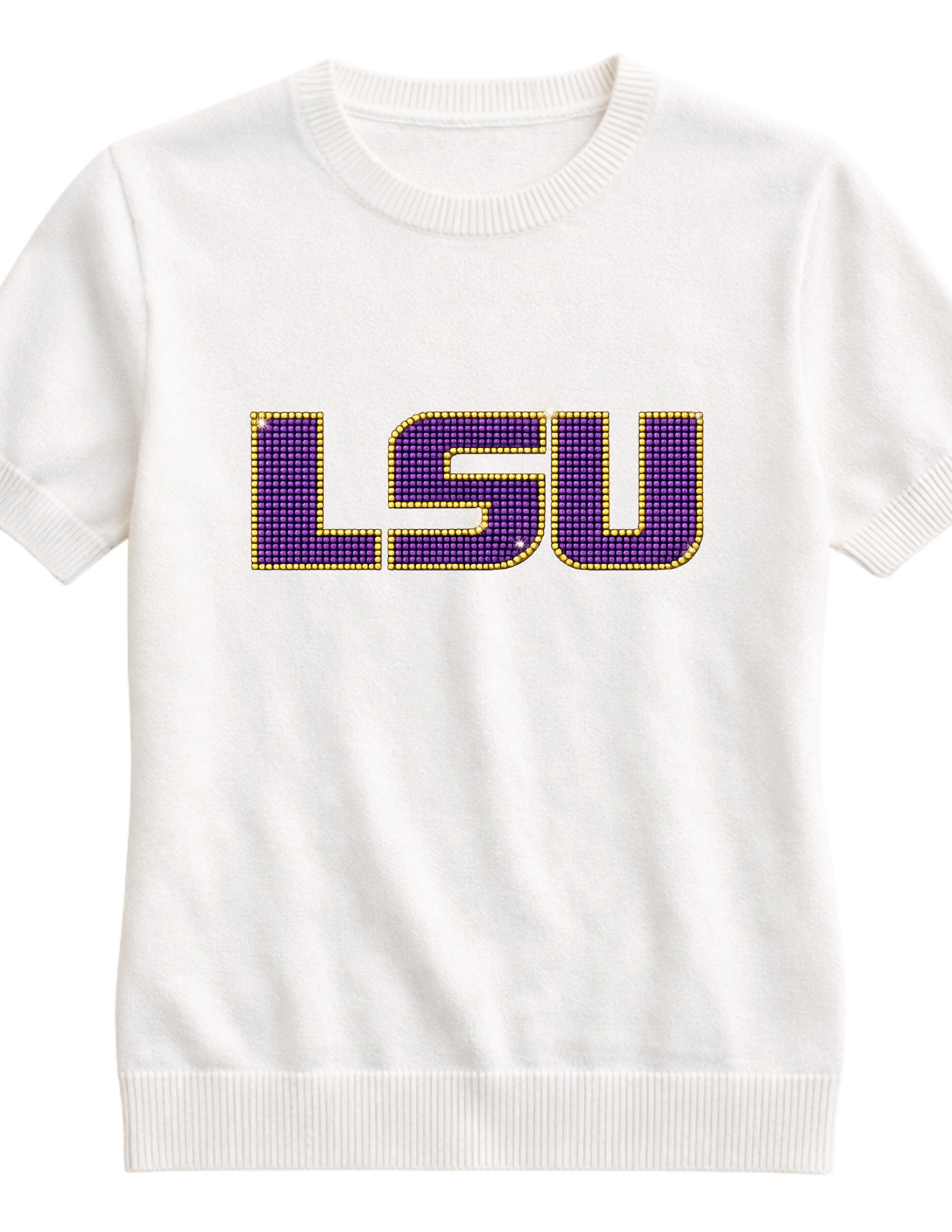 Louisiana State University Crystal Block Letters Ivory Crewneck Short Sleeve Sweater