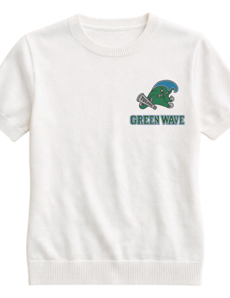 Tulane Small Green Wave Ivory Crewneck Short Sleeve Sweater