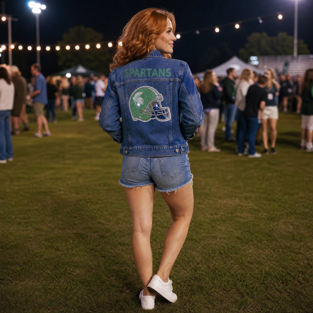 Michigan State Spartan Football Helmet Blue Denim Jacket