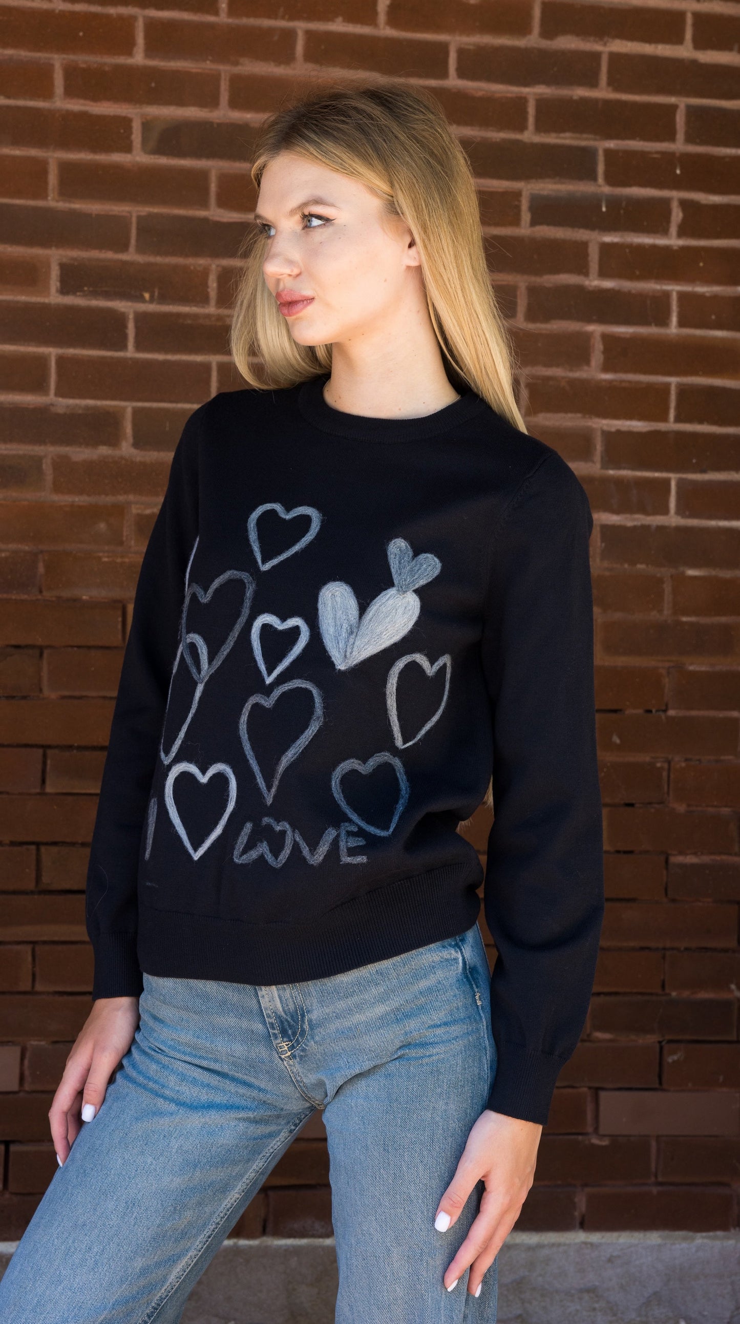 Black & Gray Embroidered Hearts Sweater