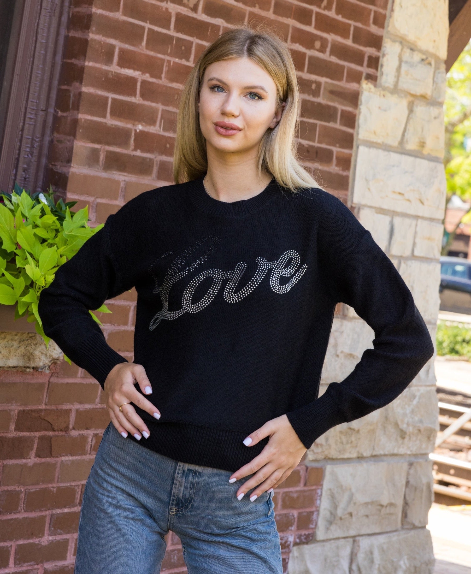 Gunmetal Love Script Black Crewneck Sweater