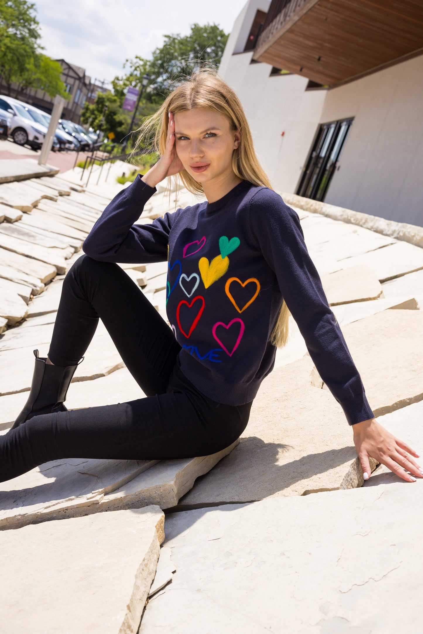 Navy & Multi Colored Embroidered Hearts Sweater
