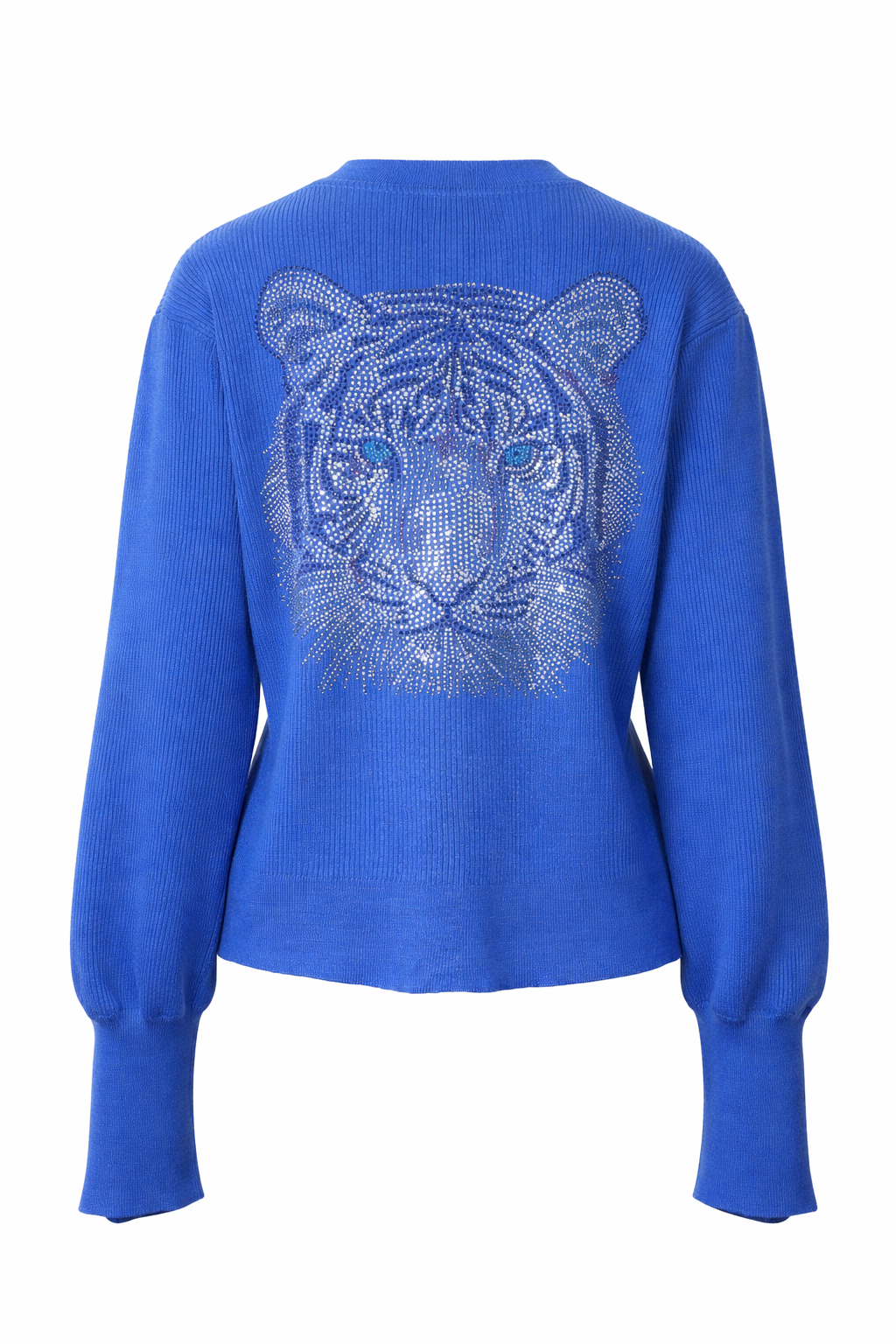 Silver Tiger Face Blue Puff Sleeve Cardigan Sweater