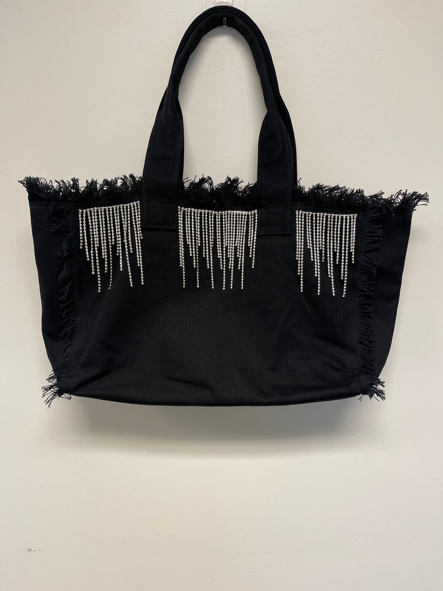 Black Canvas Tote Bag, Rhinestone Fringe