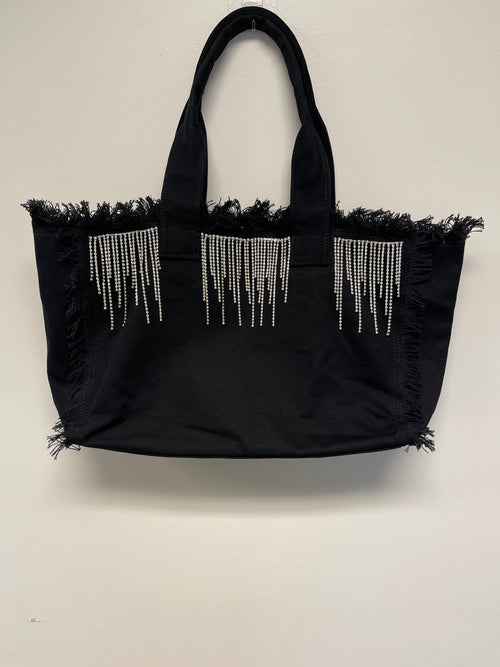 Black Canvas Tote Bag, Rhinestone Fringe