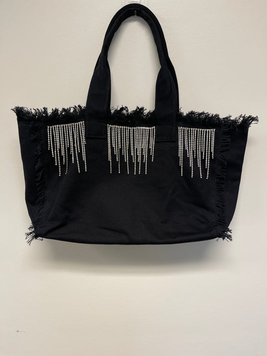 Black Canvas Tote Bag, Rhinestone Fringe