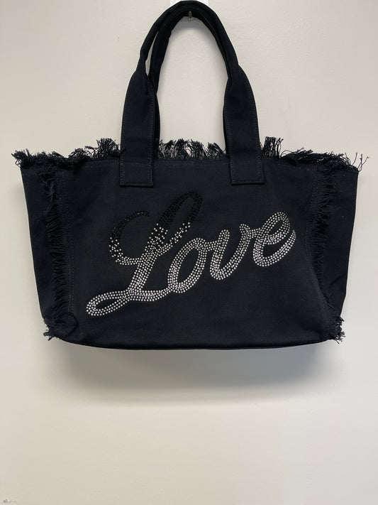 Black Canvas Tote Bag, Love Script