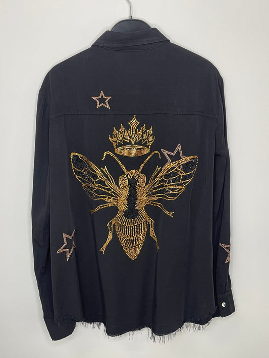 Shirt, Embroidered Star Black, Gold Queen Bee