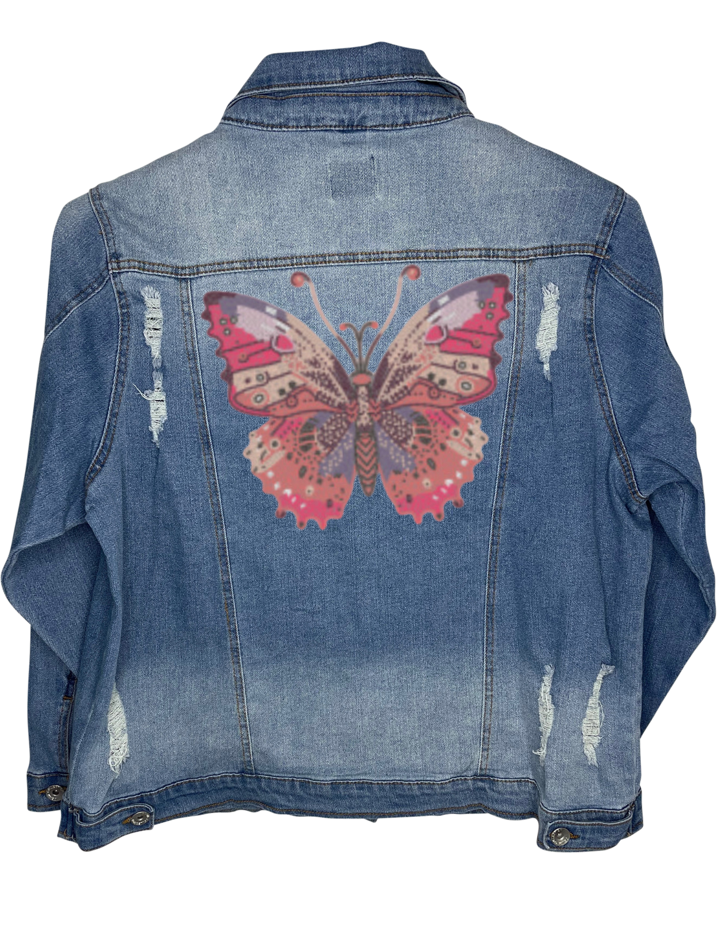 Jacket, Blue Denim Extended Size, Stretchy Distressed, Butterfly