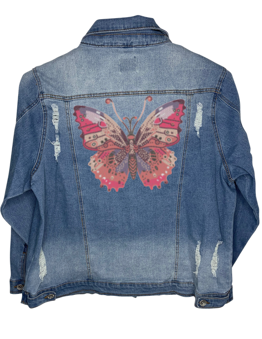 Jacket, Blue Denim Extended Size, Stretchy Distressed, Butterfly