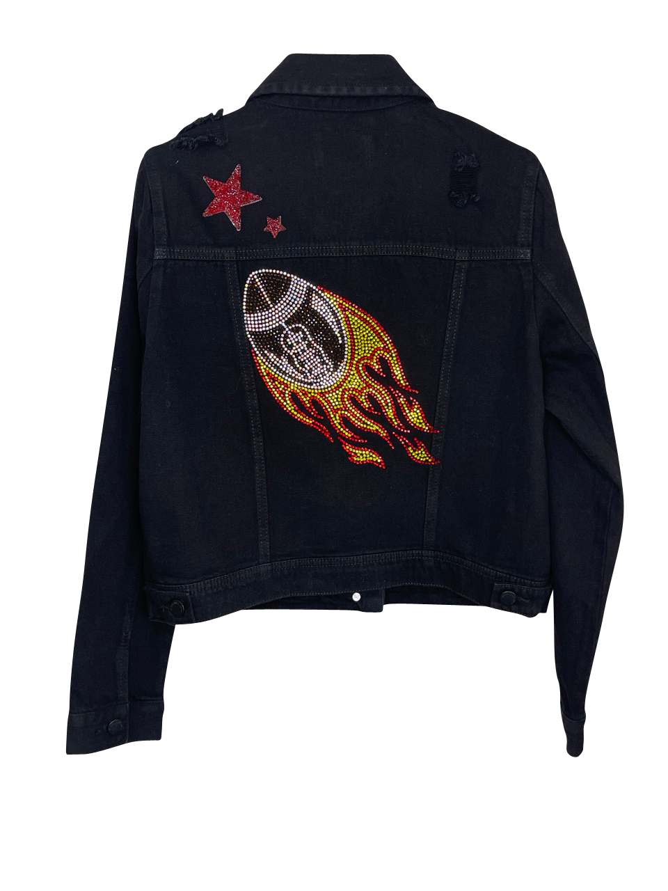 Game Day Jacket, Black Denim, Fire Football w/ Red Stars