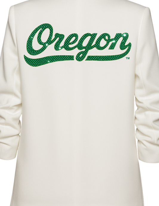 Game Day Blazer, White Ruched, University Of Oregon Script