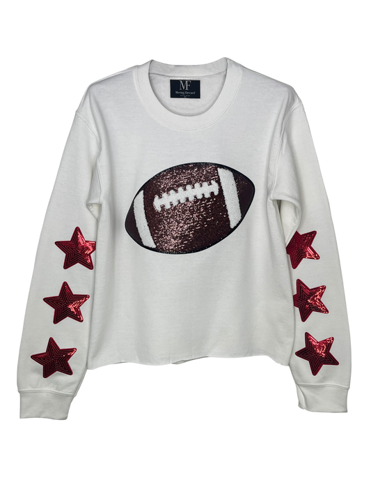 Game Day Sweatshirt, Crewneck White, Sequin Football & Red Stars