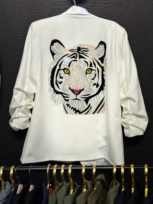 Blazer, Ruched White, Orange Tiger Face