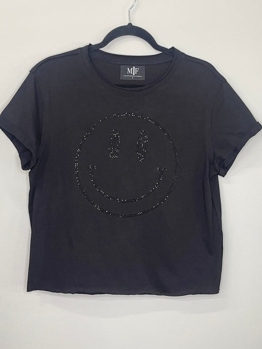 T-Shirt, Raw Edge Black, Black Crystal Smiley