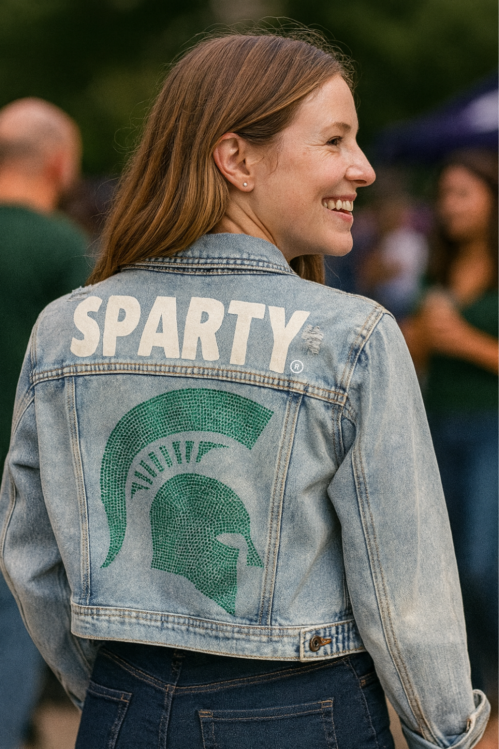 Game Day Jacket, Blue Denim, Michigan State Sparty Spartan Helmet
