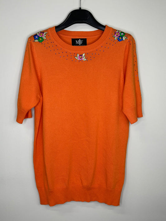 Floral Embelished Orange Short Sleeve Sweater