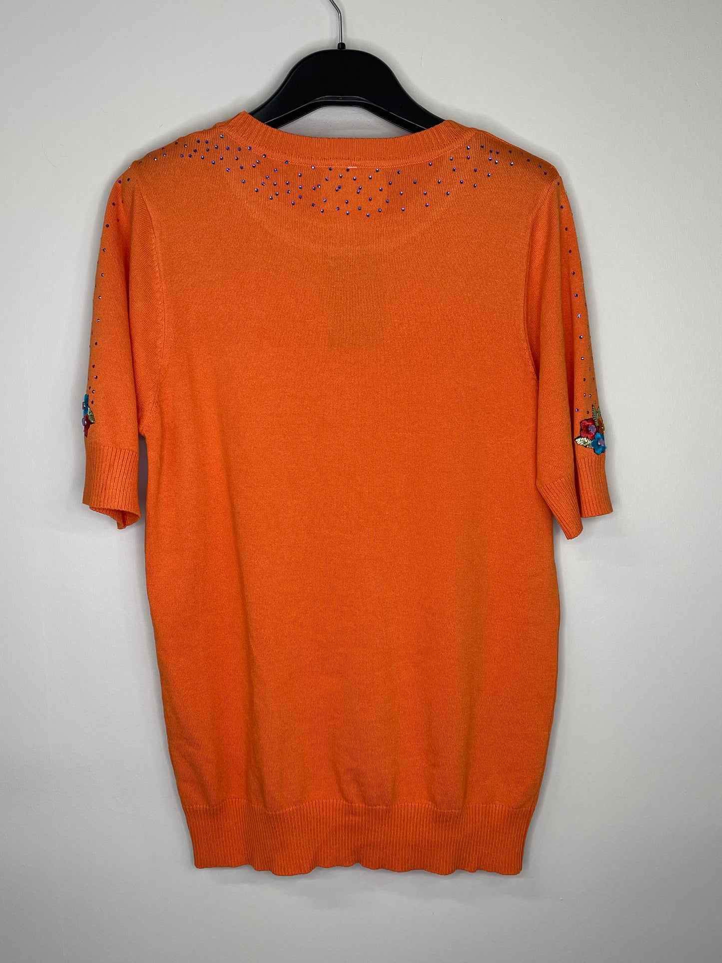 Floral Embelished Orange Short Sleeve Sweater