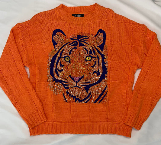 Sweater, Orange Diamond Stitch, Tiger Face