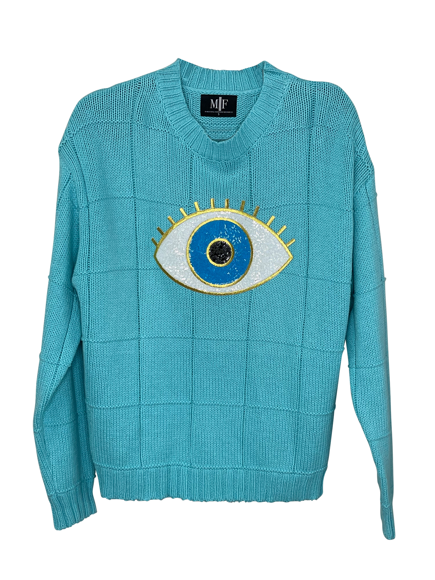 Sweater, Diamond Stitch Turquoise, Sequin Eye