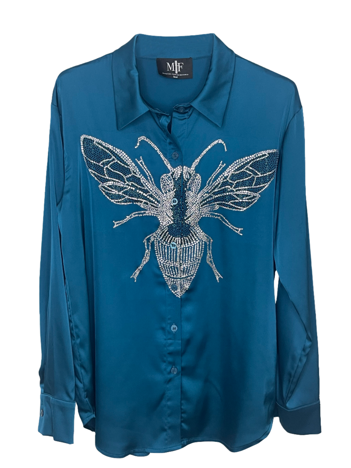 Shirt, Silky Teal, Silver Queen Bee on front