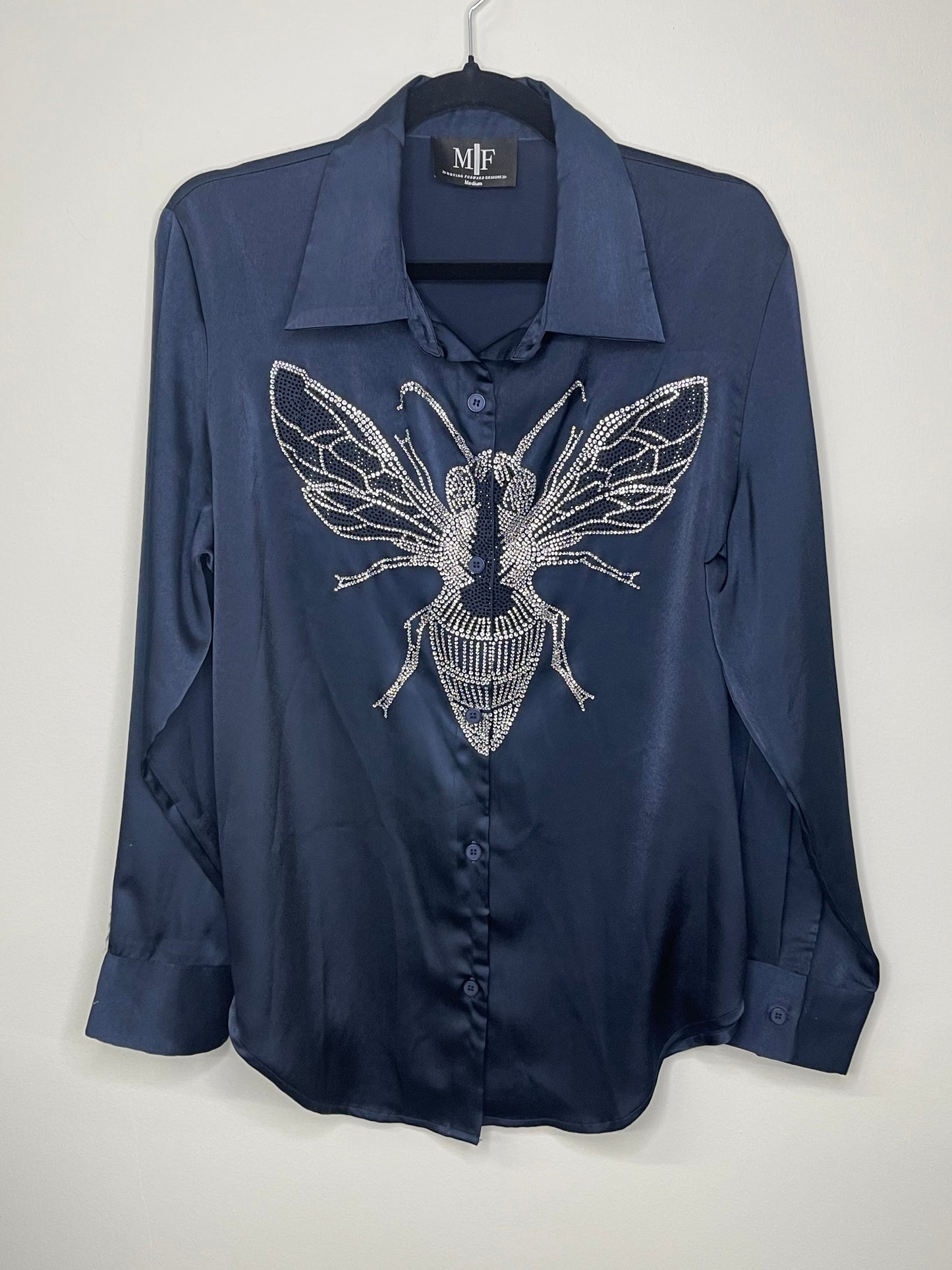 Shirt, Silky Midnight Blue, Silver Queen Bee on front